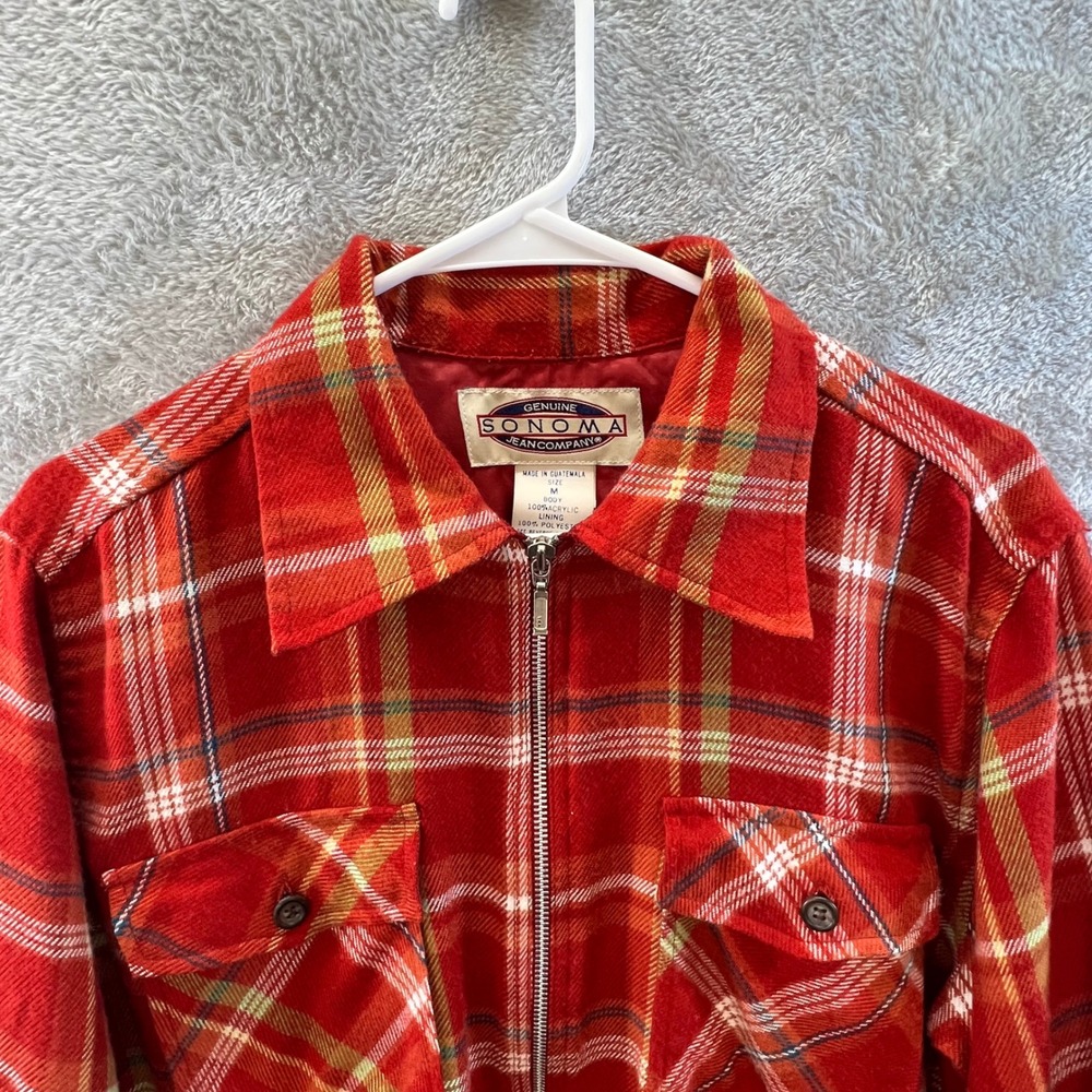Sonoma Jean Company Women Red Plaid Full Zip Flannel Shirt Jacket Shacket Size M